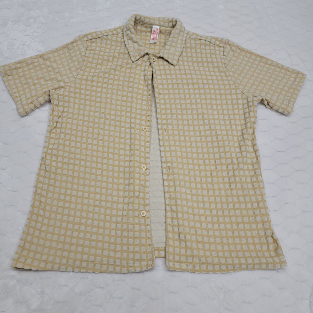 Fleece Factory Shirt Mens Large L Yellow Waffle Knit Button Down Missing Buttons